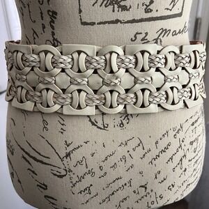 Fina Firenze Woven Leather Elasticized Stretch Belt Medium Cream Boho Western